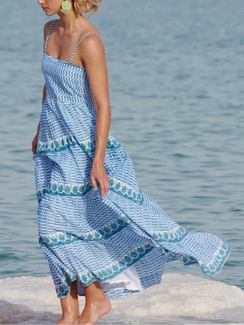 Oliphant Smocked Back Maxi dress in Blue White Green Medium